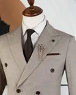 Premium Slim Fit Double-Breasted Men's Suit (Light Beige Plaid) - 1