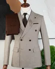 Premium Slim Fit Double-Breasted Men's Suit (Light Beige Plaid) - 2
