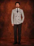 Premium Slim Fit Double-Breasted Men's Suit (Light Beige Plaid) - 4