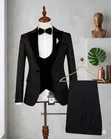 Suti ya Kiume Nyeusi ya Kawaida ya Vipande 3 na Lapels za Velvet - 3