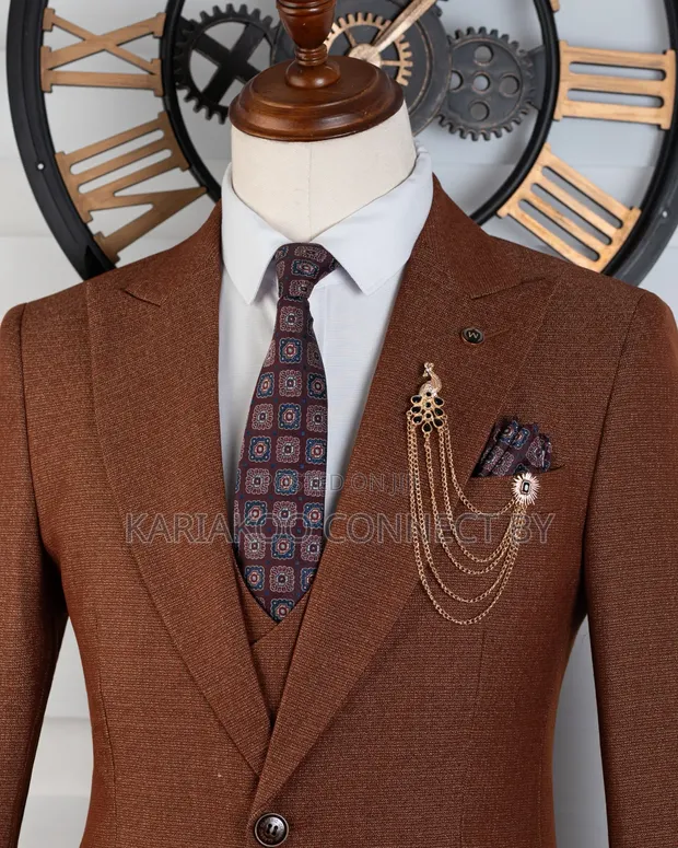 Premium Rust Brown Textured 3-Piece Suit by Mario Casas - 1