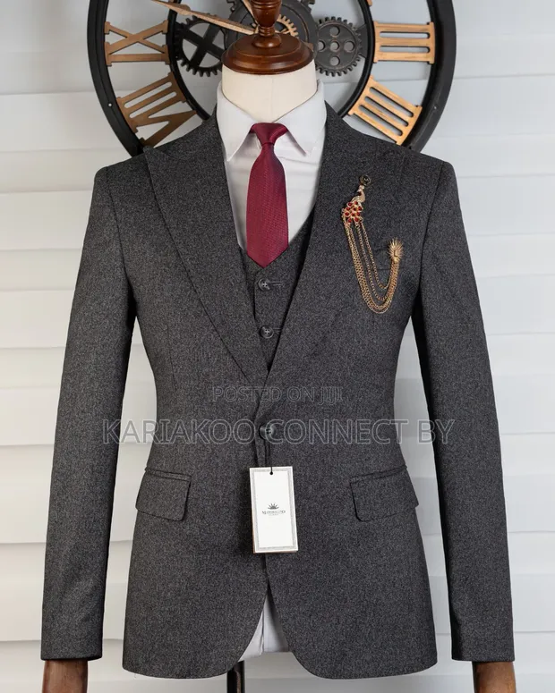 Premium Dark Charcoal Textured 3-Piece Suit - 1