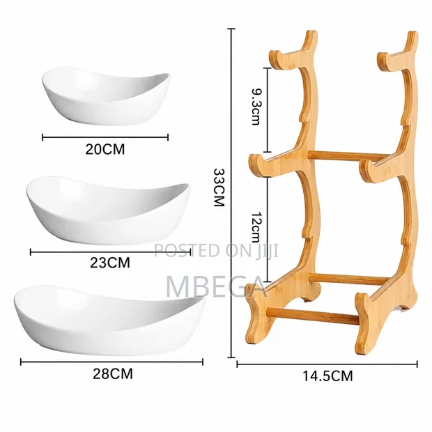 3-Tier Ceramic Fruit Serving Bowls with Bamboo Stand - 1