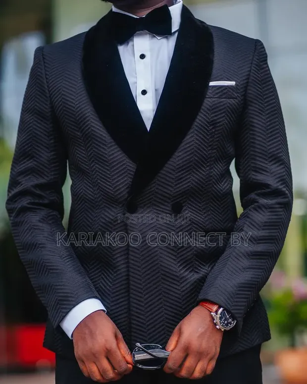 Premium Black Herringbone Tuxedo Suit Set - 1