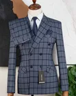 Men's Luxury Double-Breasted Plaid Suit - Elegant Blue - 3