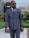 Men's Luxury Double-Breasted Plaid Suit - Elegant Blue - 5