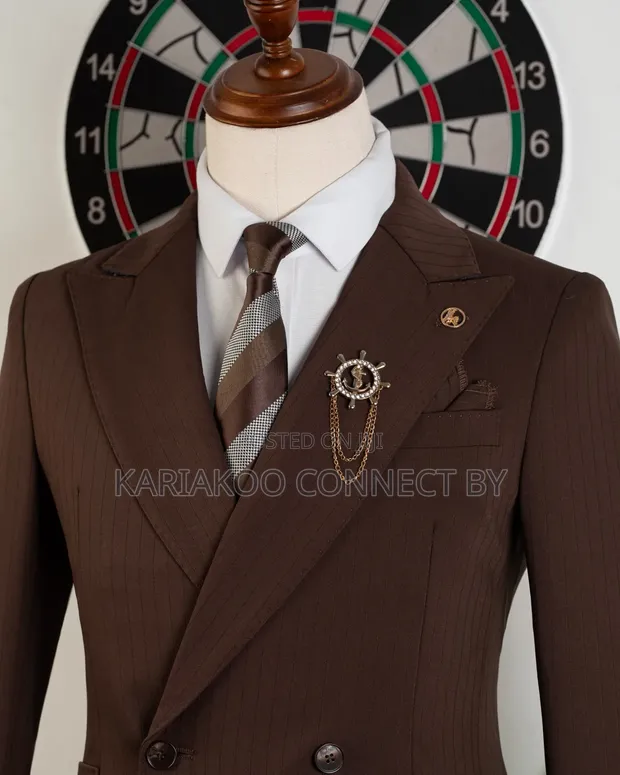 Men's ROMASTER Classic Dark Brown Pinstripe Double-Breasted Suit - 1