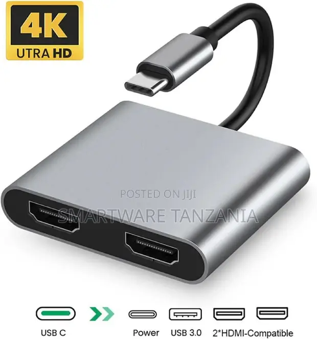 USB-C to Dual HDMI Adapter 4K@60Hz, USB 3.0, Aluminum - 1