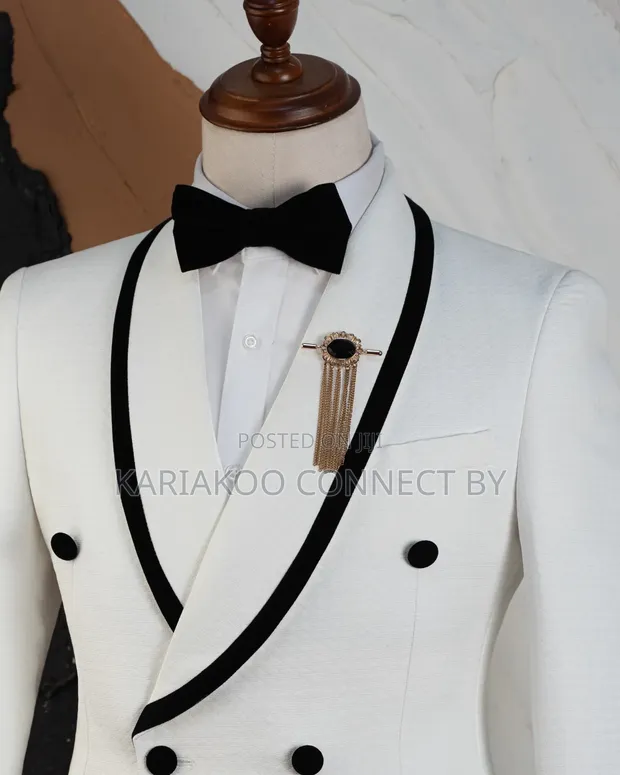 Carlos Cardini Off-White & Black Velvet Tuxedo Suit - 1