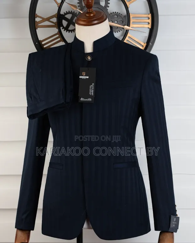 Men's Premium Navy Blue Marshalino Mandarin Suit - 1