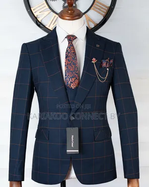 Luxury Navy Blue Brown Check 3-Piece Suit - MARSHALIND