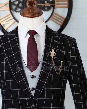 Executive Black Grid Check Suit with Light Grey Vest
