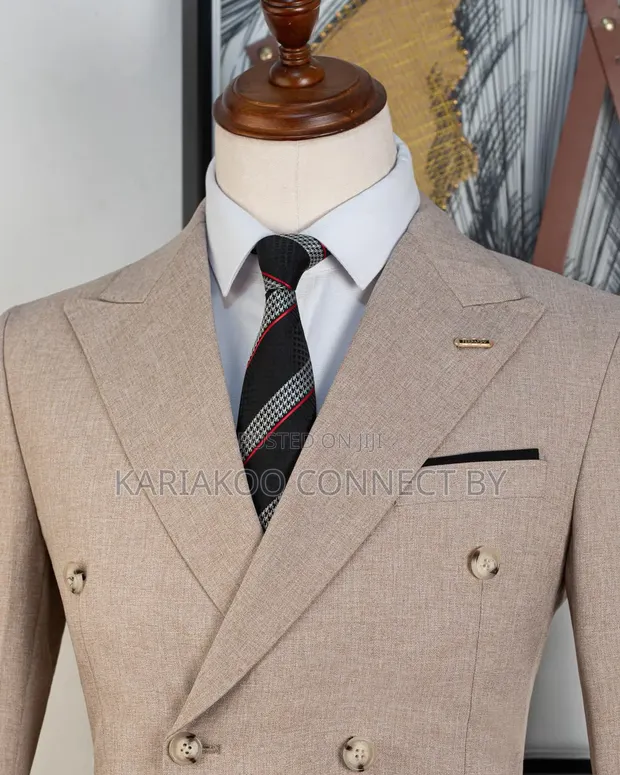 Men's Ricardo Beige Textured Double-Breasted Slim Fit Suit - 1