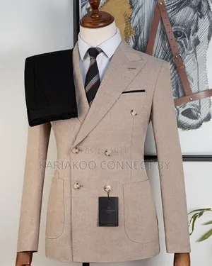 Suti ya Wanaume Ricardo Beige Textured Double-Breasted Slim Fit