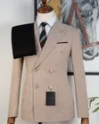 Men's Ricardo Beige Textured Double-Breasted Slim Fit Suit - 2
