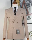 Men's Ricardo Beige Textured Double-Breasted Slim Fit Suit - 3