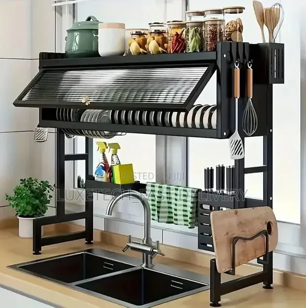 Over-Sink Dish Drying Rack with Dustproof Cabinet - 1