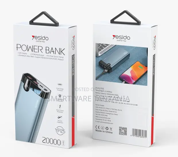 Yesido YP25 Power Bank 20000mAh, PD/Dual Quick Charge, Aluminiamu - 1