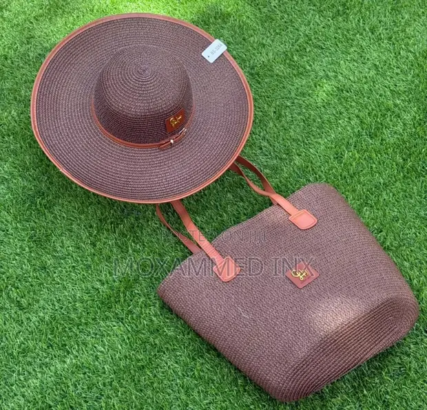 Dark Brown Woven Straw Sun Hat and Tote Bag Set - 1