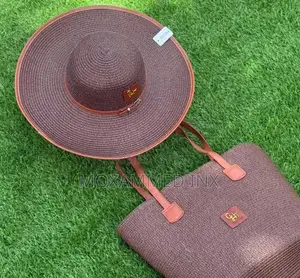 Dark Brown Woven Straw Sun Hat and Tote Bag Set