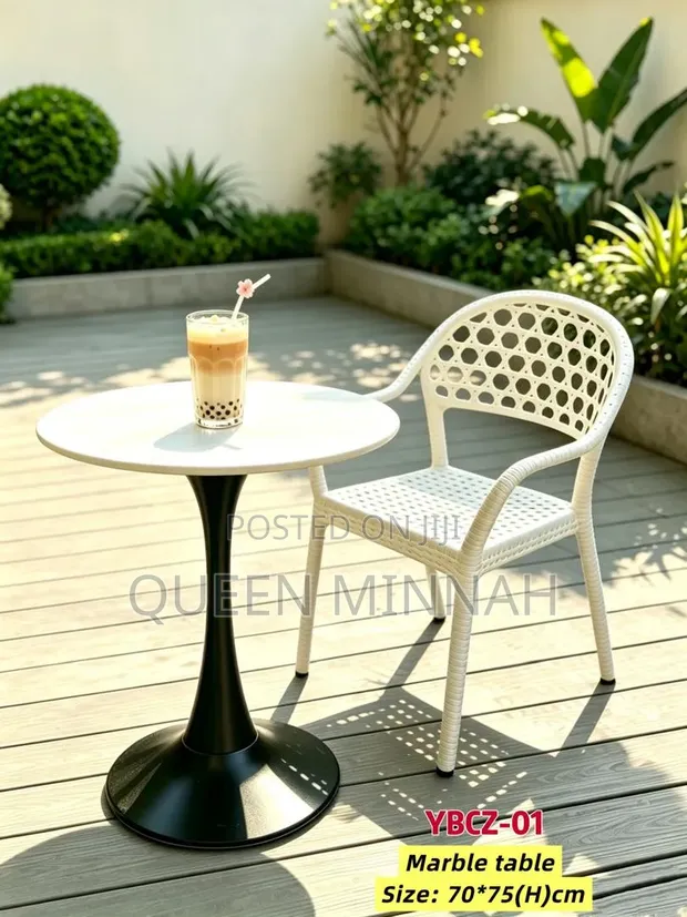 Outdoor Marble Table and Rattan-Style Chair Set - 1
