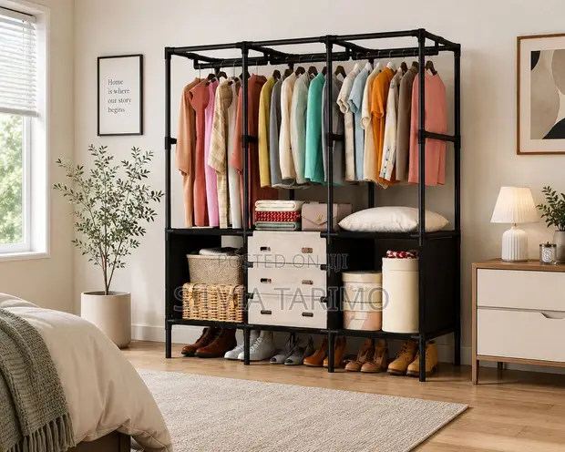 Modern Open Clothes Wardrobe Rack with Shelves - 1