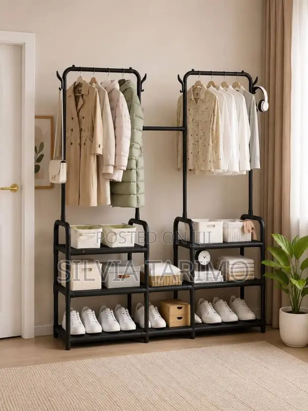 Heavy-Duty Double Garment Rack with Shelves - 1