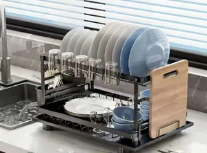 2-Tier Stainless Steel Dish Drying Rack with Cutting Board Holder