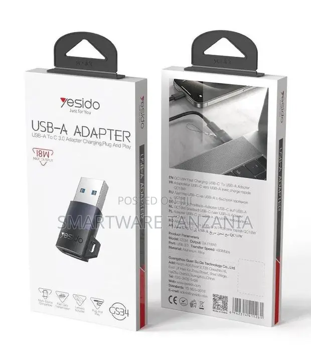 Yesido USB-A to USB-C Adapter, 18W Fast Charging - 1