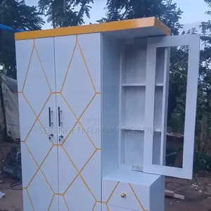 Kabati la Milango Miwili na Dressing - Nyeupe na Dhahabu