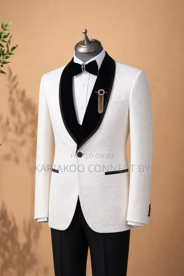 Men's Luxury White Floral Jacquard Tuxedo Suit by MARIO CASAS - 1