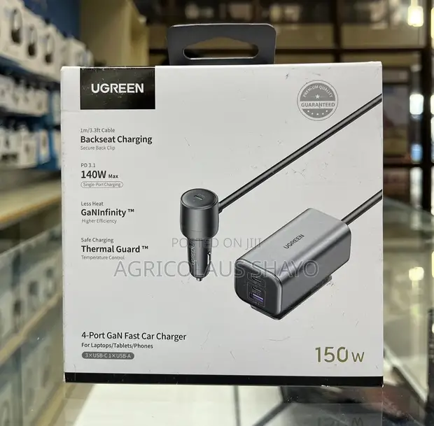 UGREEN 150W 4-Port GaN Fast Car Charger with Extension Cable - 1