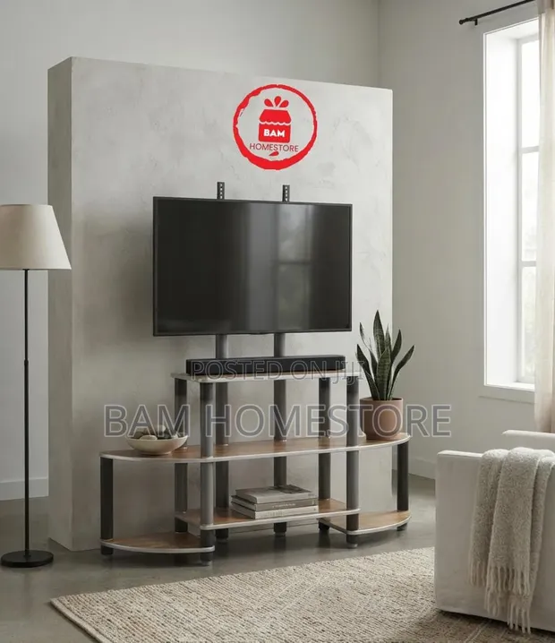 Rustic Wood-Grain TV Mount Console with Integrated Brackets - 1