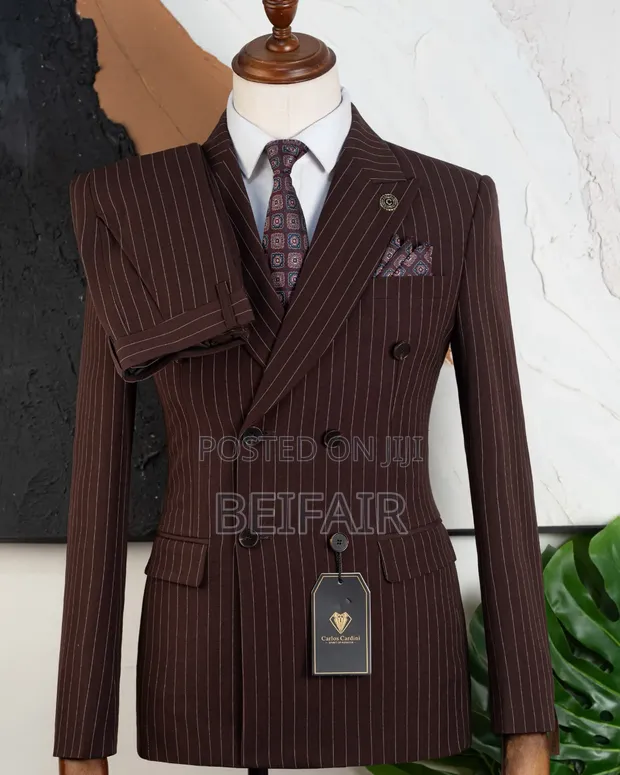 Mario Casas Men's Two-Piece Suit - Brown Strips - 1