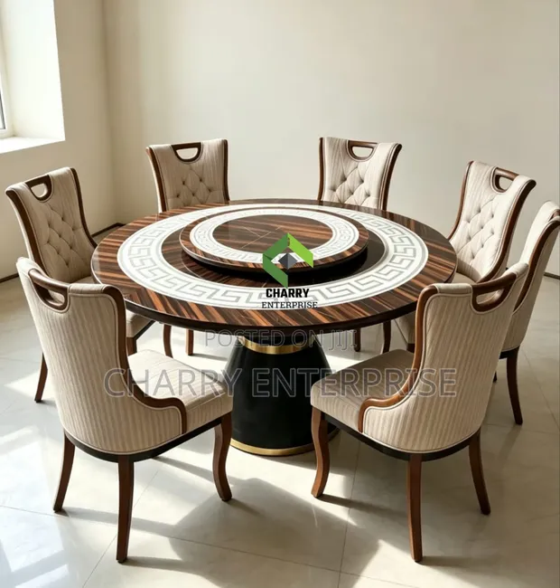 Luxury Round Rotating Dining Set - Rich Wood Grain - 1