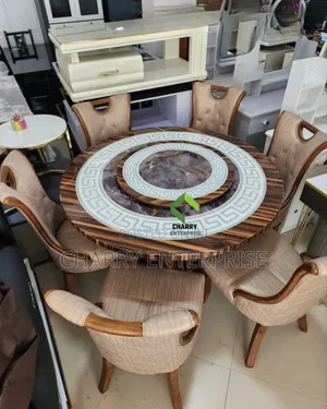 Luxury 6 Seater Round Wooden Dining Table with Rotating Marble Lazy Susan