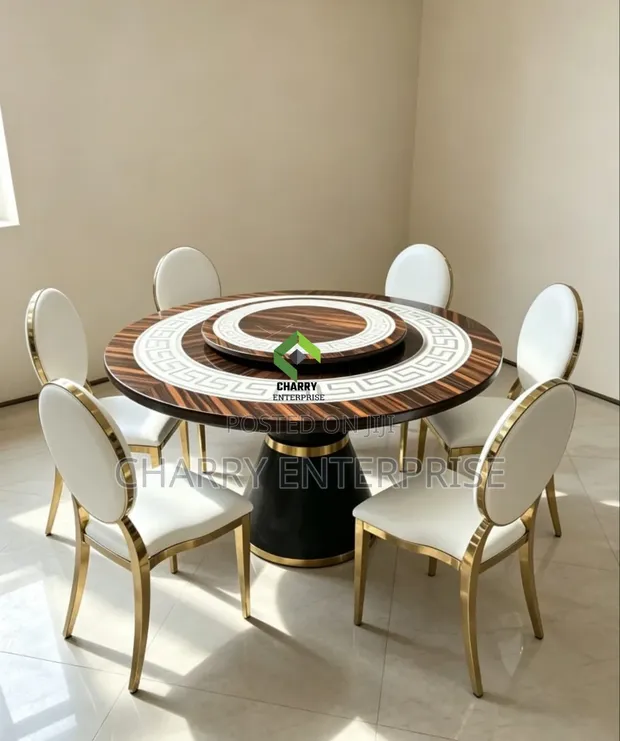 6 Seater Luxury Modern Round Wooden Dining Table Set - 1