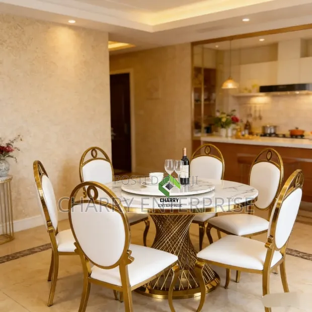 Luxury Modern Gold Finish Round Dining Set with Lazy Susan (6 Seaters) - 1