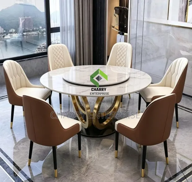 Modern Luxury Round Marble Dining Set with 6 Chairs - 1