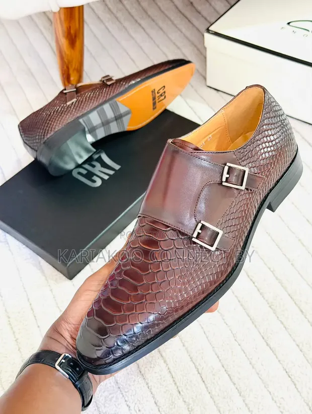 Premium Men's Brown Exotic Leather Monk Strap Shoes - 1