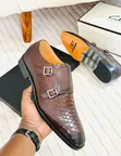 Premium Men's Brown Exotic Leather Monk Strap Shoes - 2