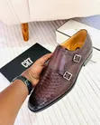 Premium Men's Brown Exotic Leather Monk Strap Shoes - 4