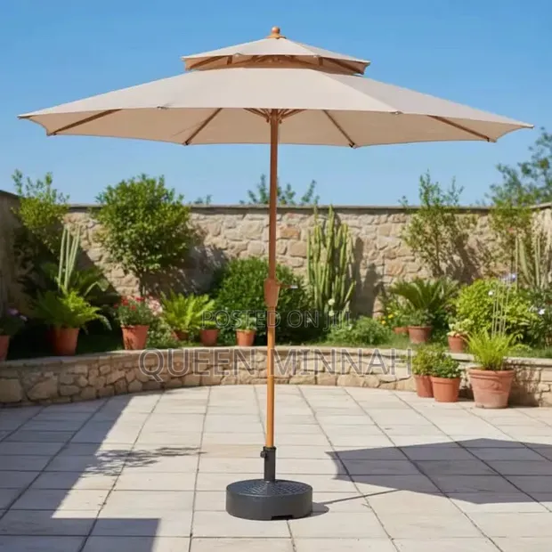 Double-Tiered Patio Umbrella with Wood-Finish Pole - 1