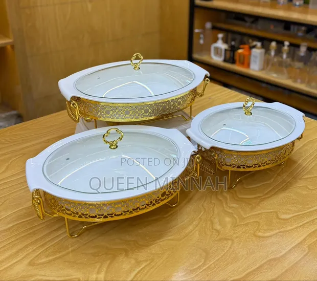Food Warmers Set - White Ceramic & Gold Finish - 1