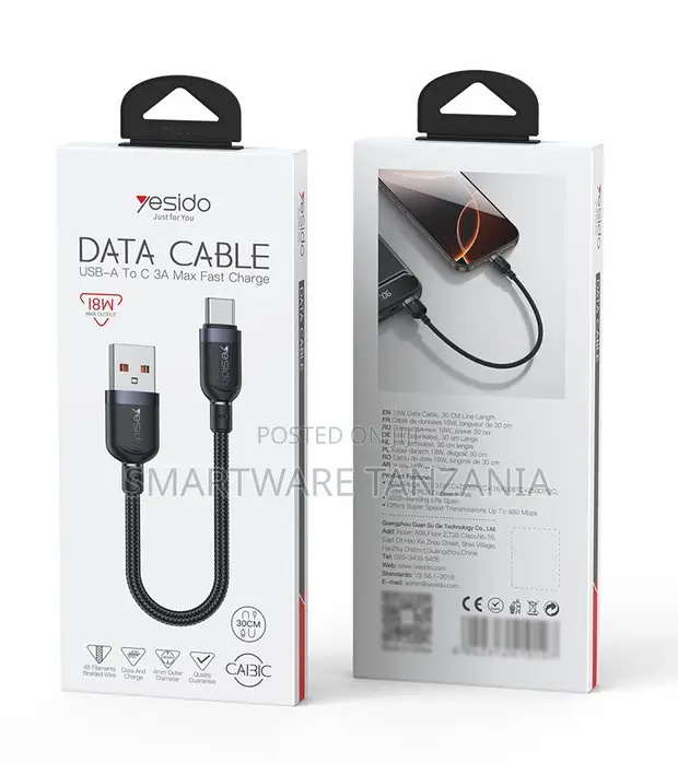 Yesido USB-A to USB-C Data Cable, 18W, 30cm, Braided - 1
