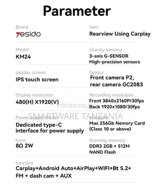 Yesido CarPlay Dash Cam with 4K Front & 1080P Rear Camera