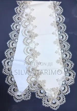 Elegant White Lace Table Runner with Champagne-Gold Border