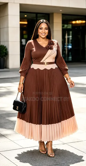 Elegant Floral-Accent Two-Tone Pleated Midi Dresses