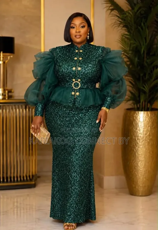 Luxury Organza Sleeve Sequin Peplum Gown - 1