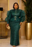 Luxury Organza Sleeve Sequin Peplum Gown - 1